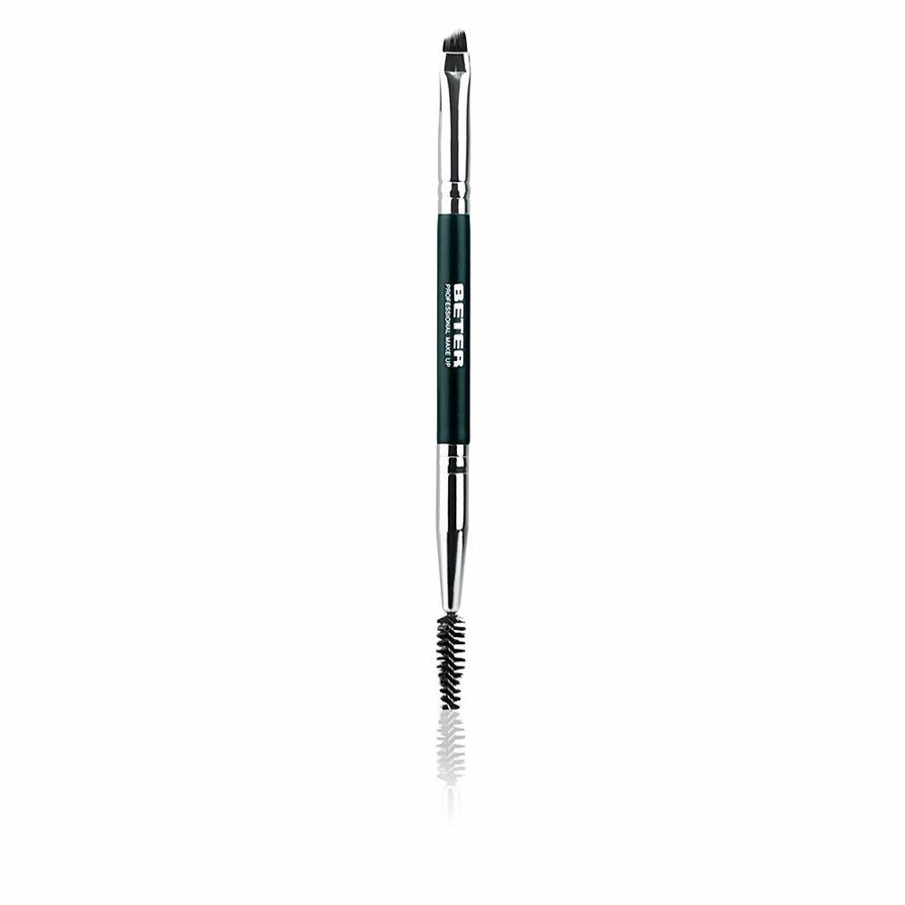 Un pinceau à sourcils double face avec brosse biseautée et brosse, manche noir et parties métalliques argentées.