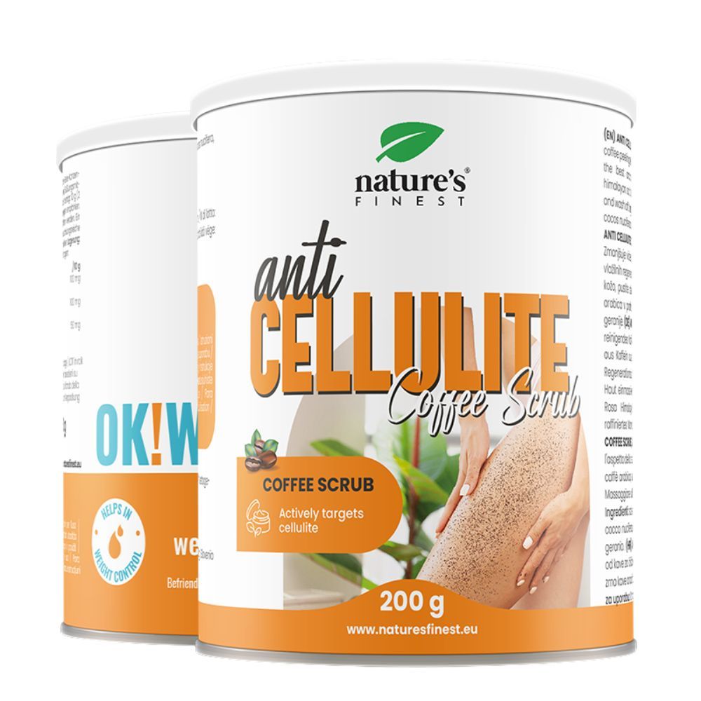 Twee blikken Nature's Finest Anti-Cellulite Coffee Scrub. Opschrift: Anti Cellulite Coffee Scrub, 200 g. Logo: groen blad.