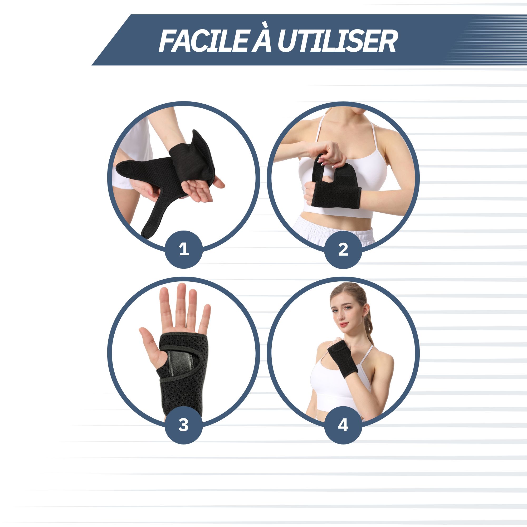 Attelle de poignet noire avec fermeture velcro, portée sur un bras.
