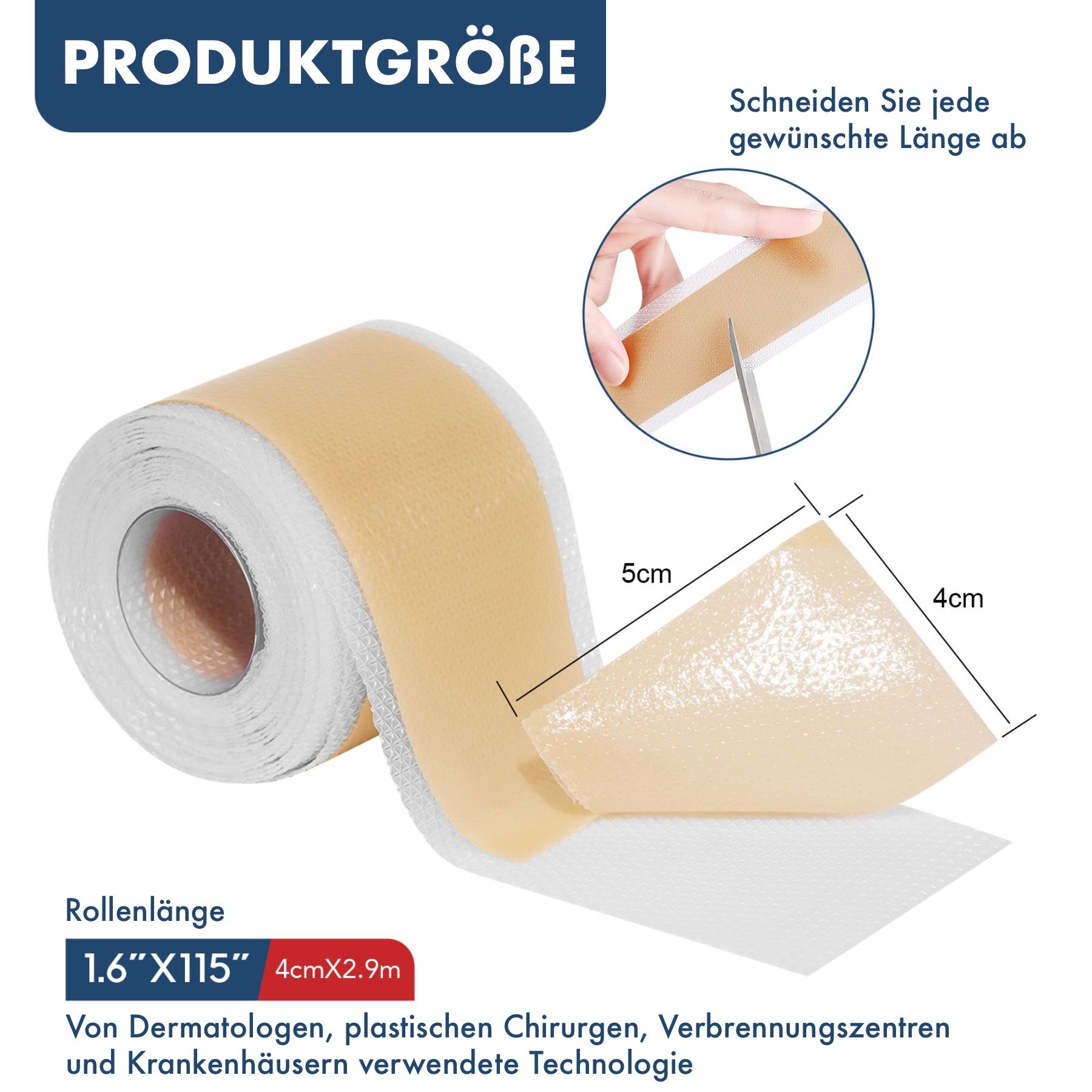 Rol siliconen pleisters. Opschrift: Productgrootte. Afmetingen: 1.6"x115" en 4cmx2.9m. Een stuk wordt met een schaar geknipt.