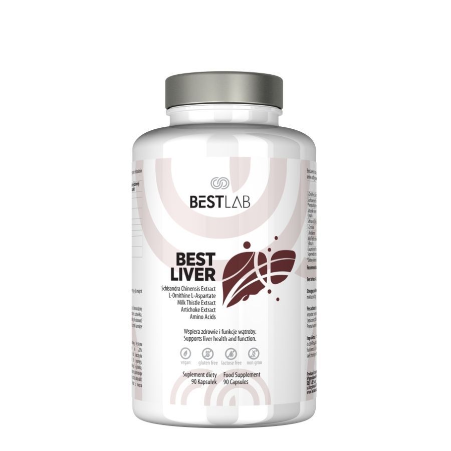 Flacon blanc BEST LAB BEST LIVER. Contient de l'extrait de chardon-marie. 90 gélules. Ingrédients et logo sans gluten.
