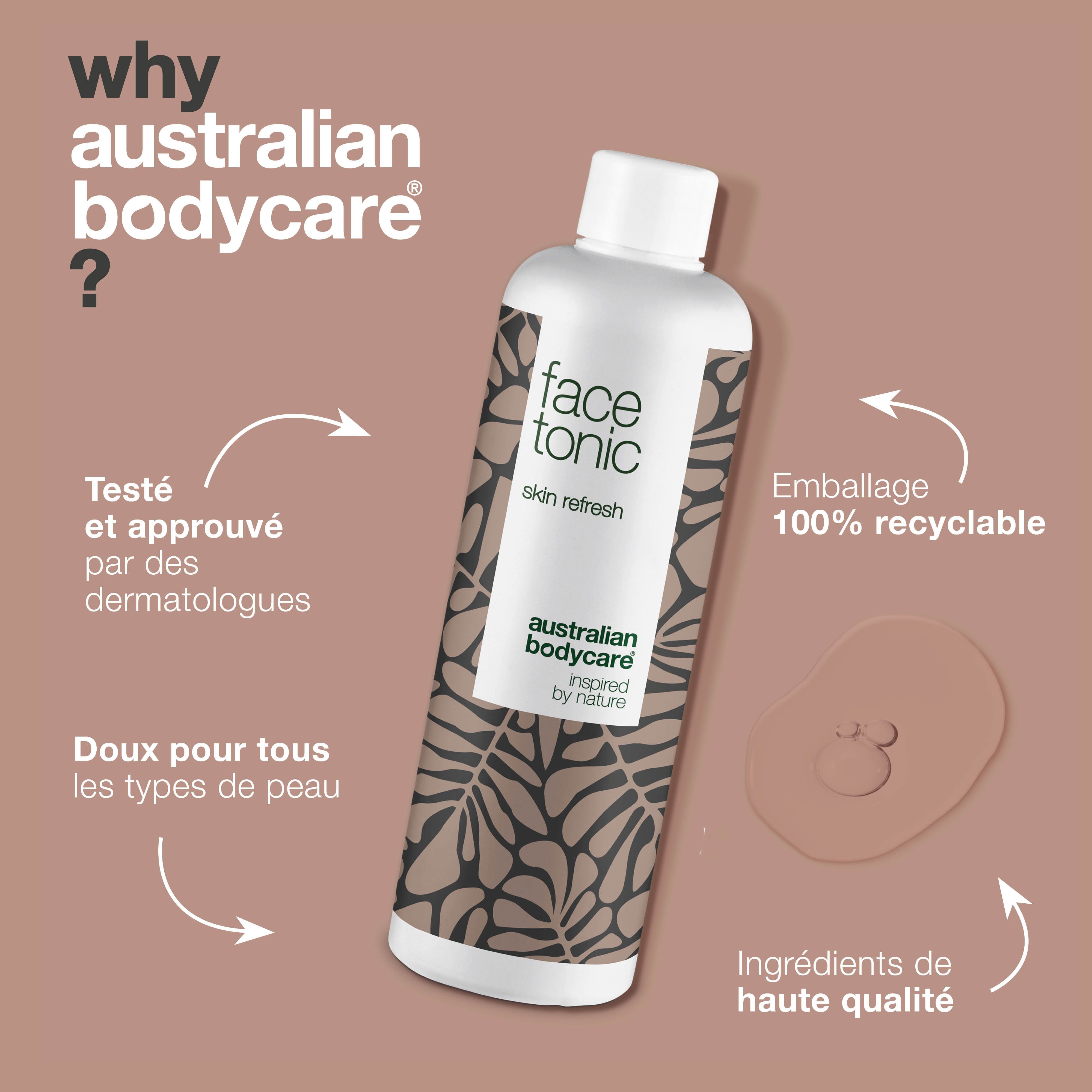 Flacon "face tonic" d'Australian Bodycare. Texte : Testé par des dermatologues. Emballage 100% recyclable. Ingrédients de haute qualité.