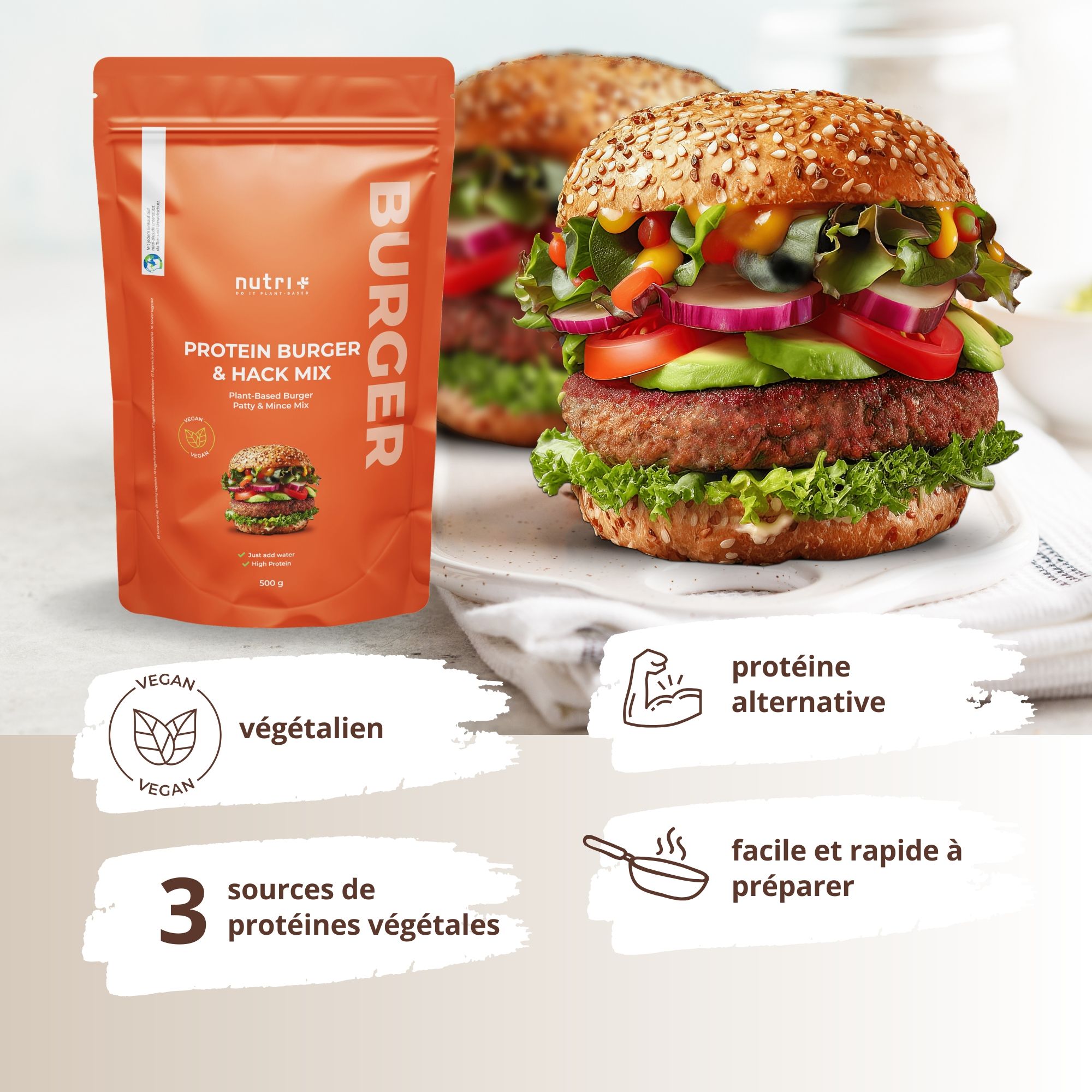 Emballage et burgers. Texte: Protein Burger & Hack Mix. Label végétalien. 3 sources de protéines végétales. Alternative riche en protéines.