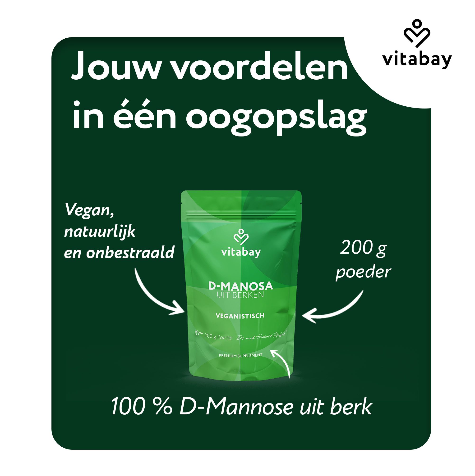 Vitabay D-Mannose poeder uit berk: 100% D-Mannose, vegan, natuurlijk, onbestraald.