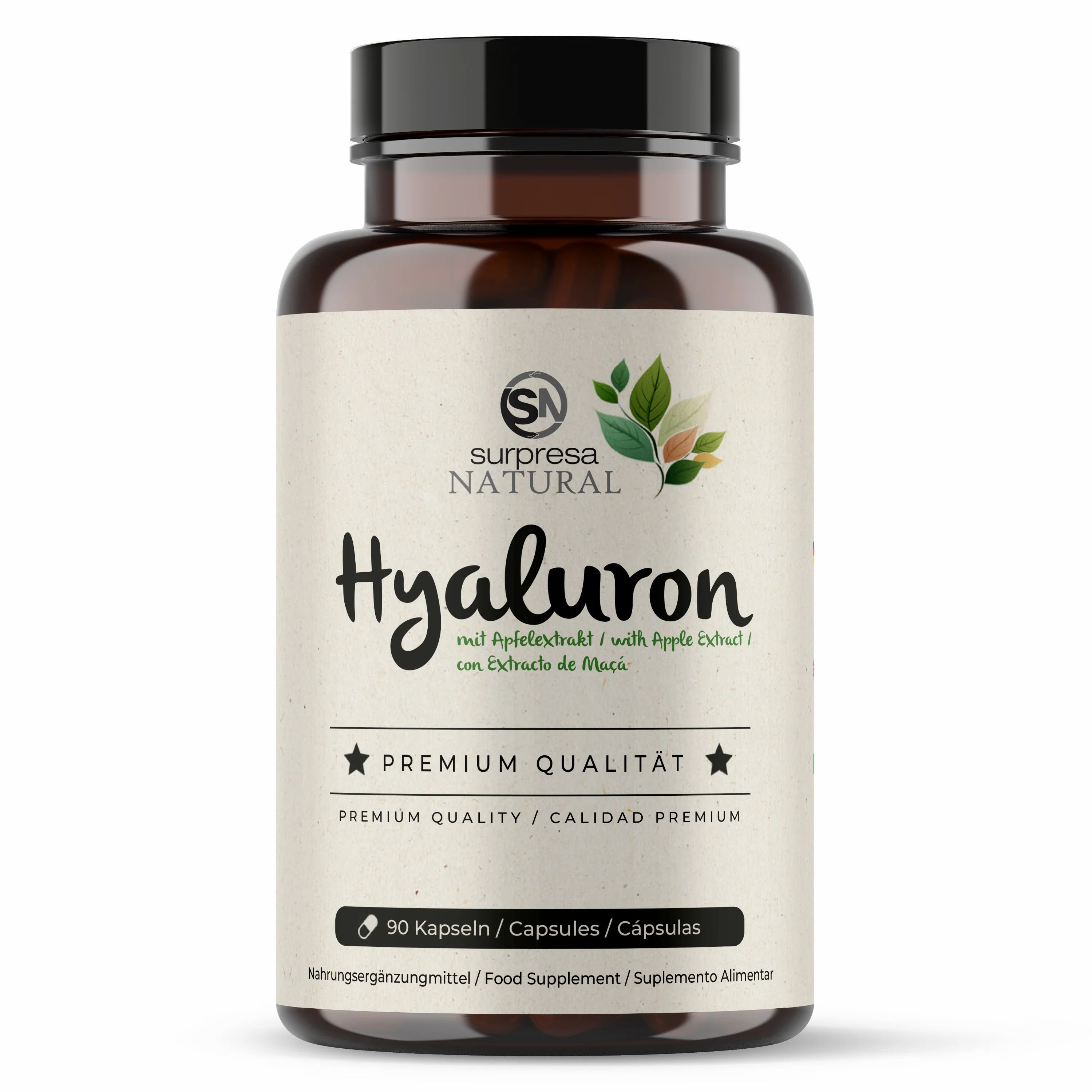 Fles Surpresa Natural Hyaluron capsules met appel-extract. Premium kwaliteit, 90 capsules.