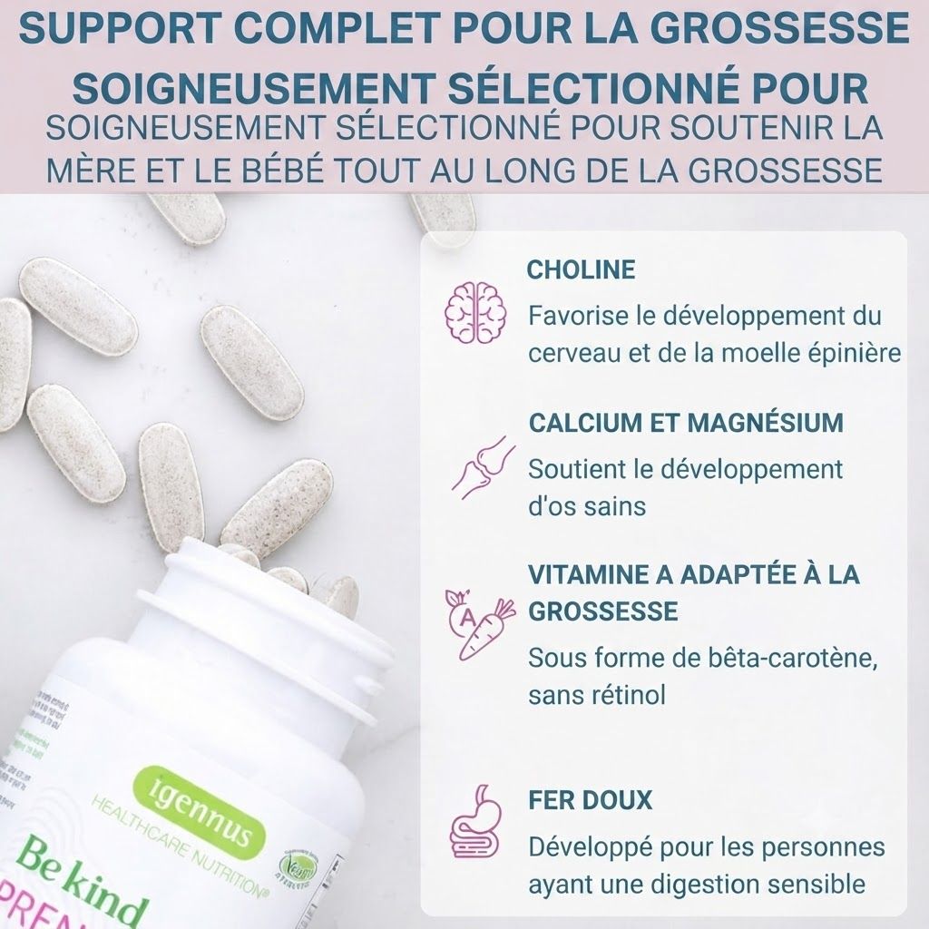 Bouteille Igennus Be Kind Prenatal avec vitamines et minéraux. Choline, Calcium, Fer.