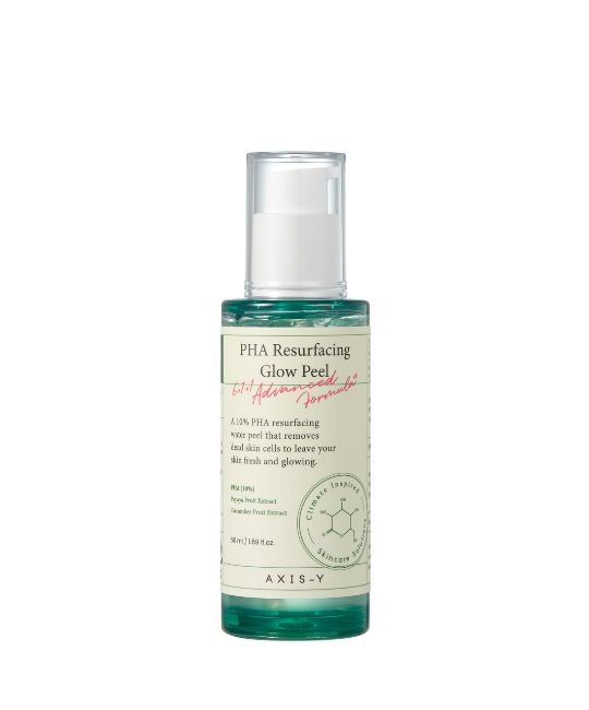 Productfles, groen en wit. Opschrift: PHA Resurfacing Glow Peel. Tekst: 50 ml / 1.69 fl.oz.