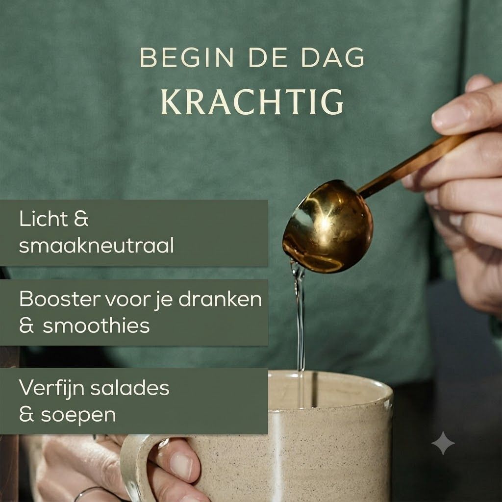 Een gouden lepel met heldere siroop druppelt in een beige mok. Tekst: Begin de dag krachtig.