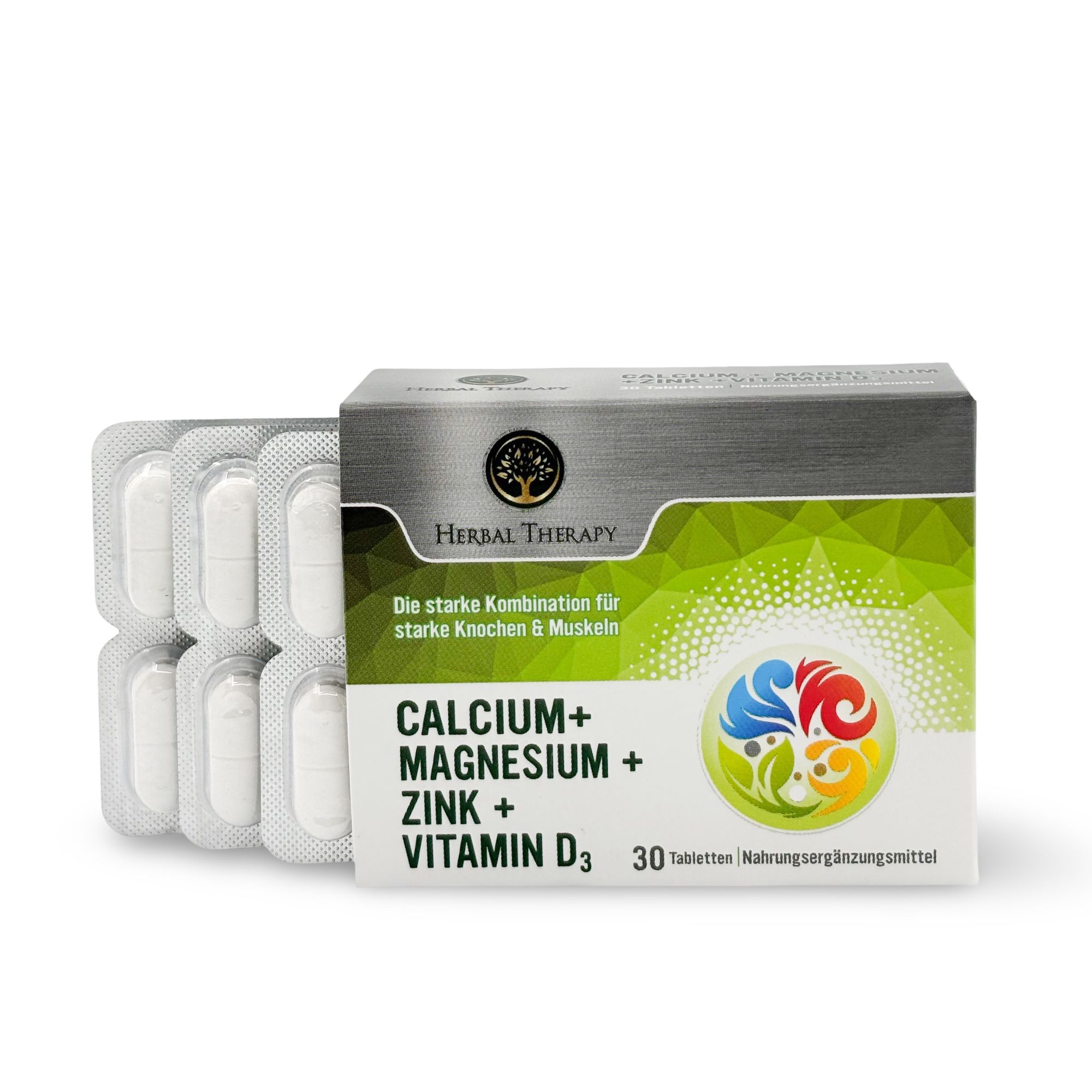 Herbal Therapy Kalzium, Magnesium, Zink, Vitamine D3 doos met tablettenstrips. Opschrift: Calcium, Magnesium, Zink, Vitamine D3. 30 tabletten.