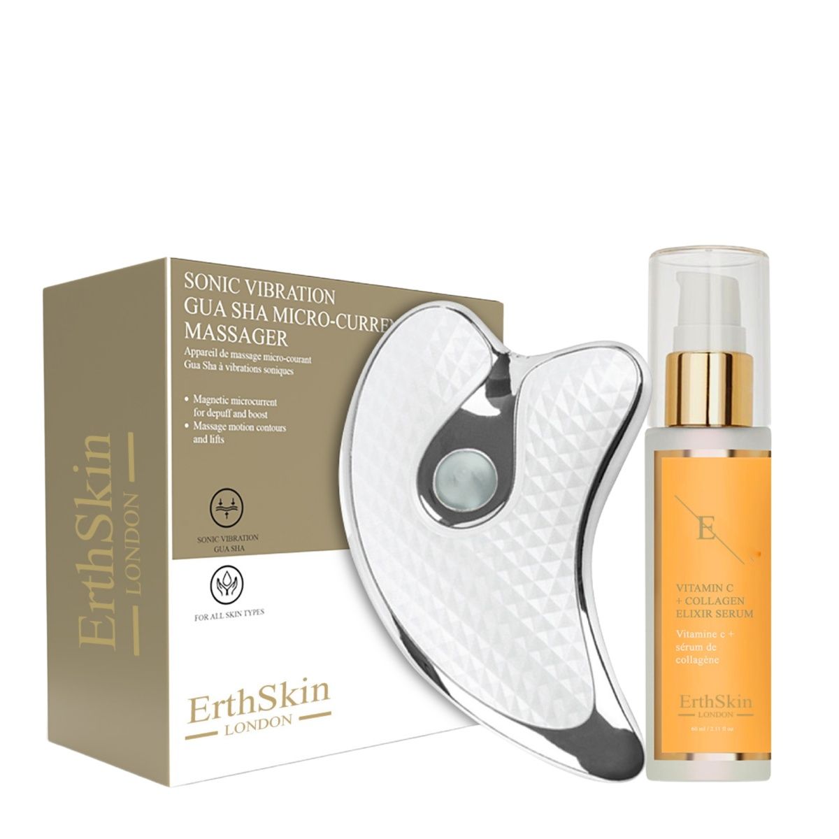 Appareil de massage Gua Sha et sérum. Appareil argenté, sérum jaune avec bouchon doré. Emballage avec nom du produit.