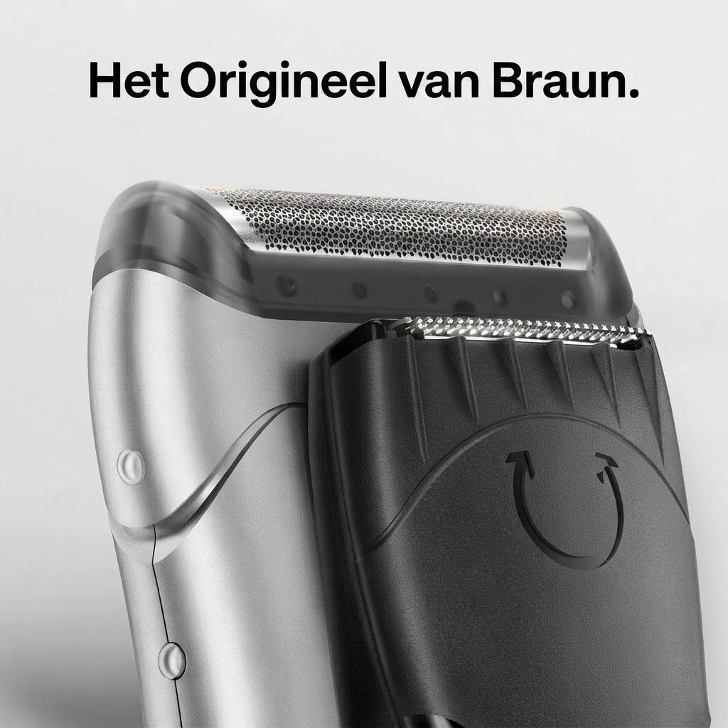 Close-up van een zilveren elektrische scheerapparaat met zwarte scheerkop en kap.