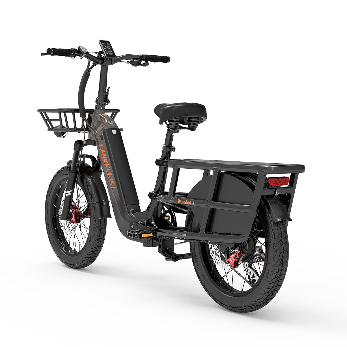 Vélo cargo électrique noir avec panier avant et porte-bagages arrière. Logo Lankeleisi. Étriers de frein rouges. Pneus noirs.
