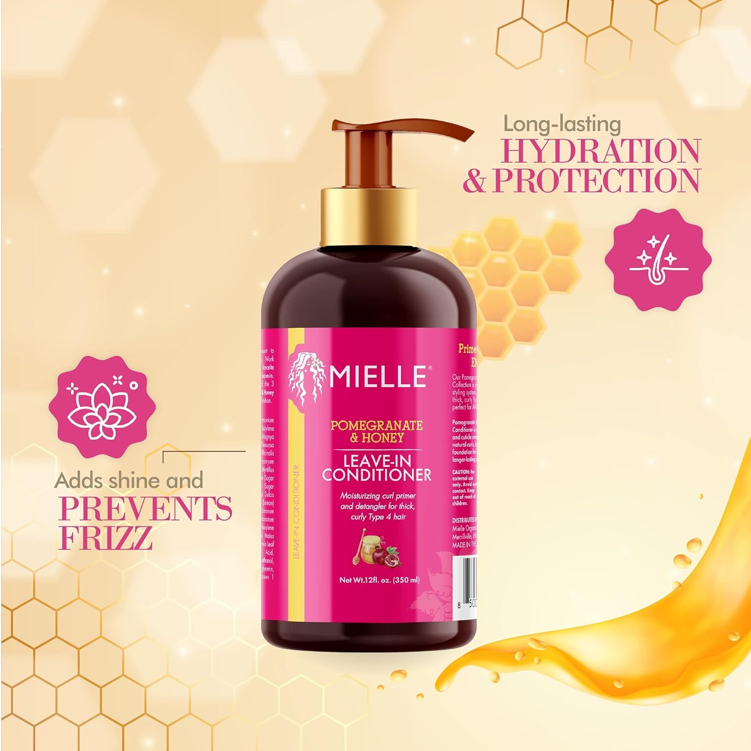 Mielle Leave-In Conditioner fles met pompdispenser, met honingraat- en bloemendecoratie.