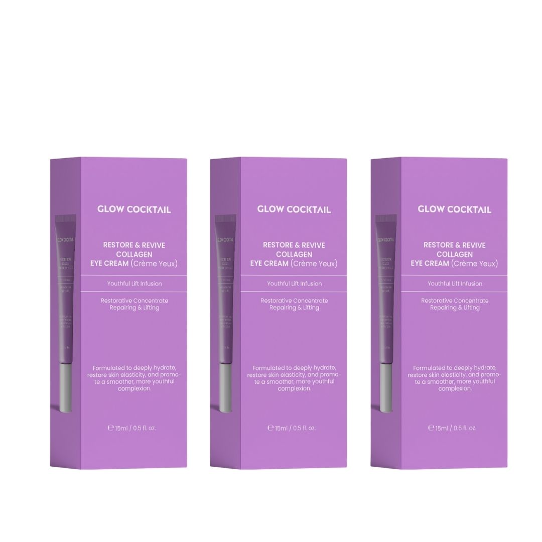 Trois boîtes violettes avec texte et nom du produit. Chaque boîte contient un tube de crème pour les yeux. Inscription : Glow Cocktail, Restore & Revive Collagen.