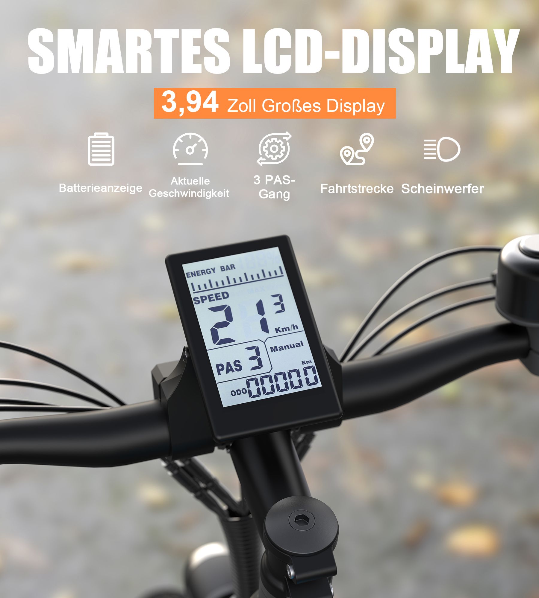 Fietsstuur met LCD-scherm. Weergave van snelheid, batterij en PAS-versnelling. Tekst: Slim LCD-scherm, 3,94 inch.