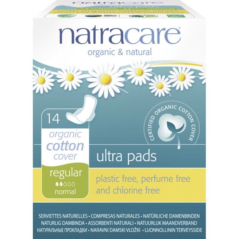 Verpakking Natracare Ultra maandverband Normal. 14 stuks, biologisch katoen, plastic-, parfum- en chloorvrij.