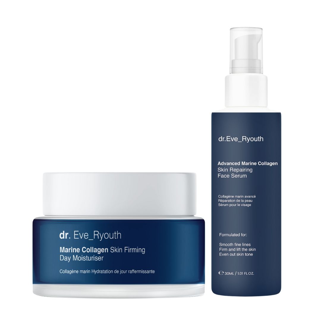Deux produits cosmétiques : un pot de crème bleu et un flacon de sérum bleu. Inscription : dr.Eve_Ryouth, Marine Collagen.