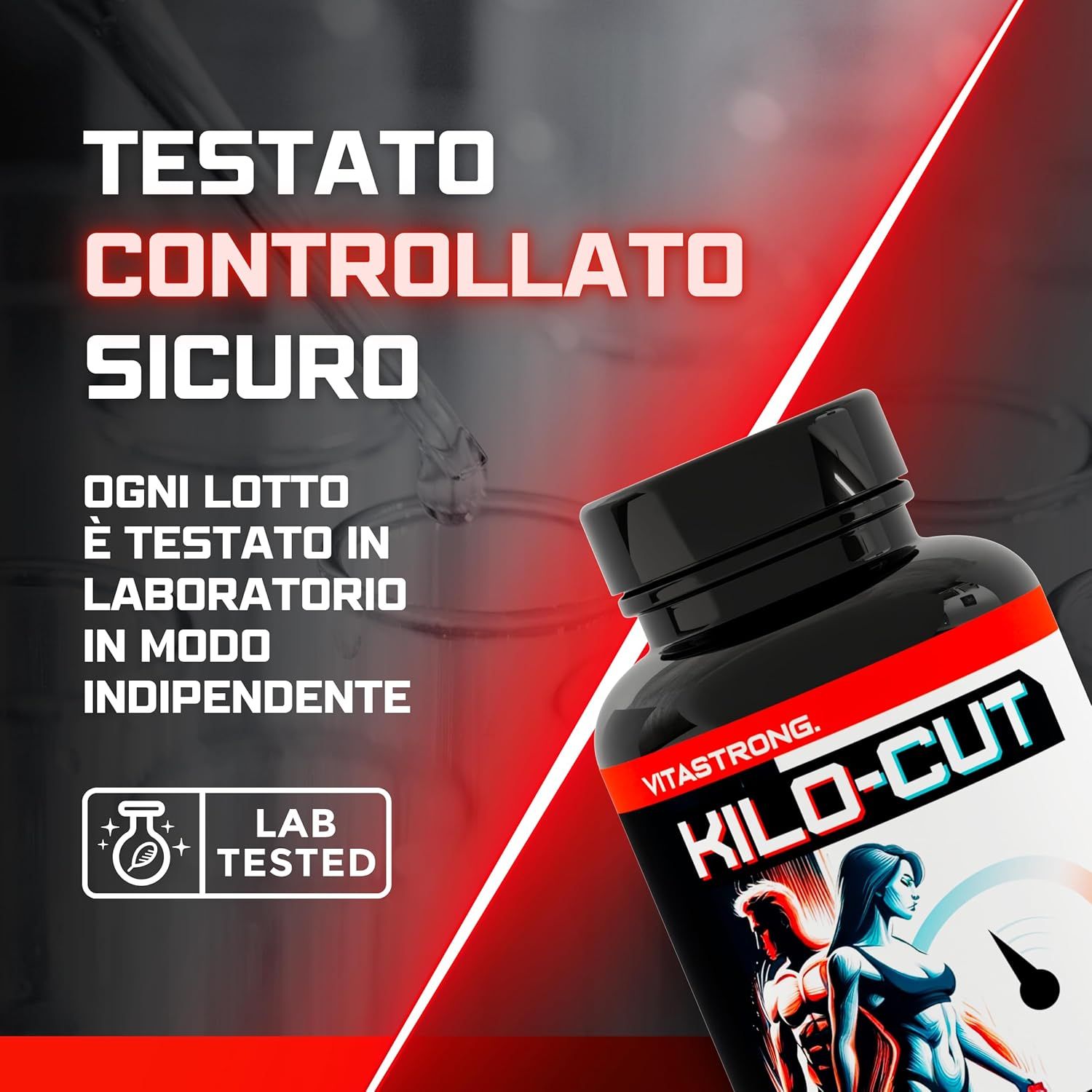 Flacon Vitastrong KILO-CUT. Testé, contrôlé, sûr. Testé en laboratoire. Fond rouge.