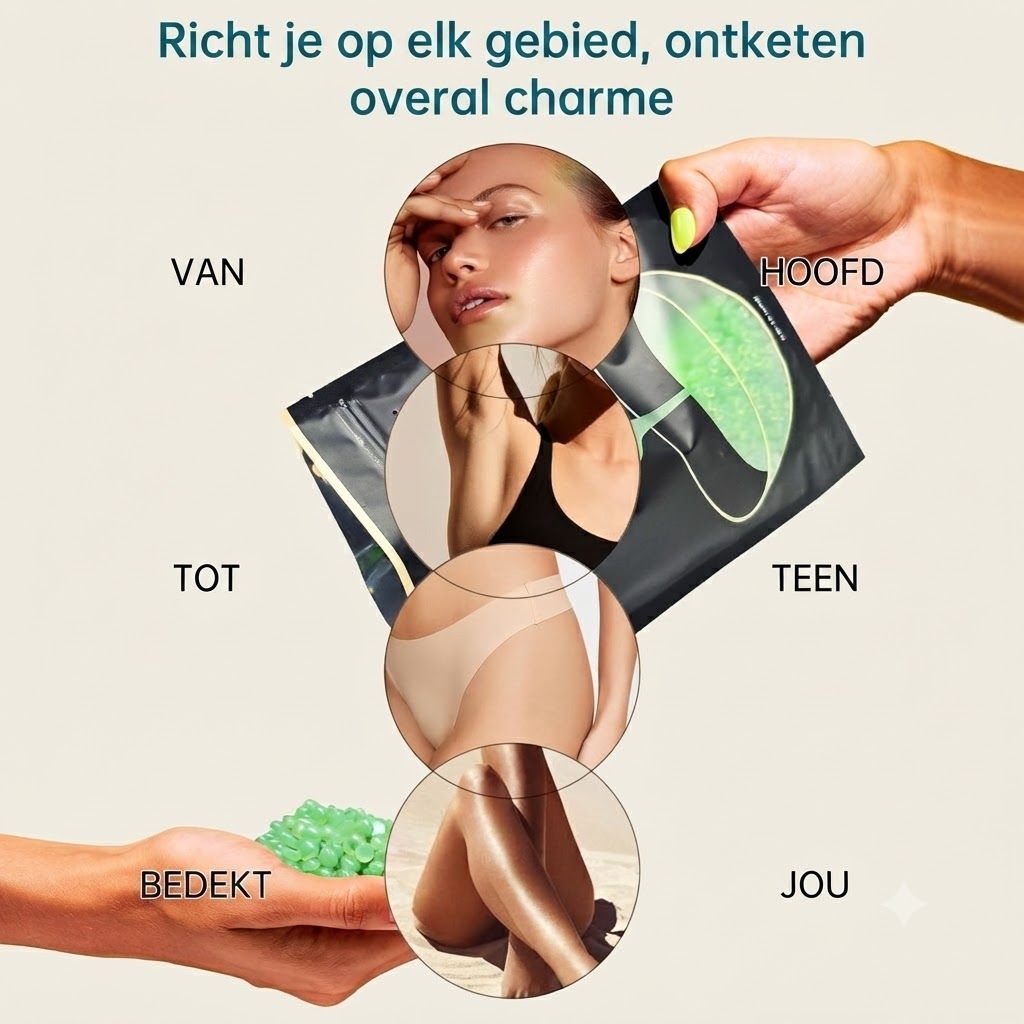 Verpakking met bladmotief, naast cirkels met gezicht, bovenlichaam, onderlichaam en benen van een vrouw.