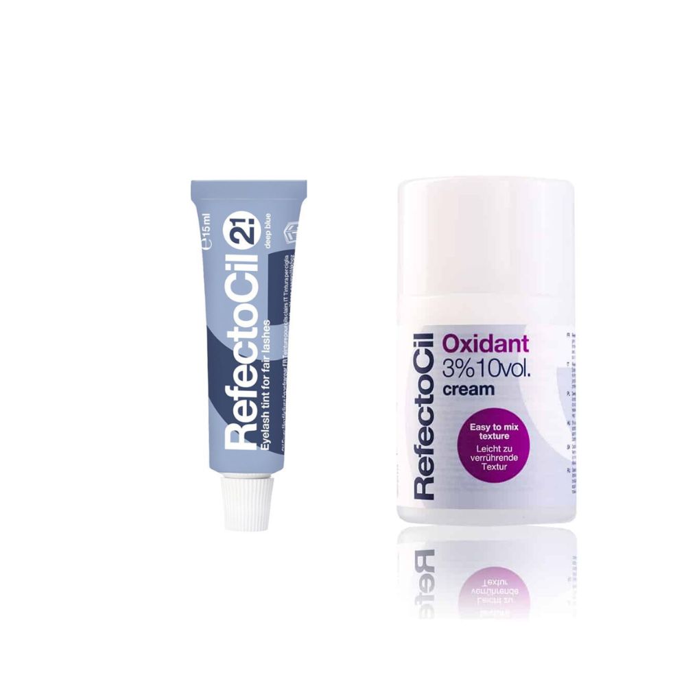 Twee RefectoCil producten: wimperverf diepblauw 2.1 en oxidant crème 3%. Tubes en flessen met productlabels.