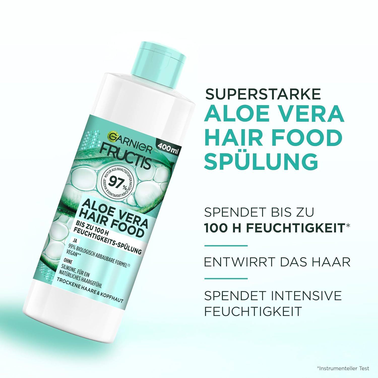 Garnier Fructis Aloe Vera Hair Food Conditioner, fles 400ml. Groen-wit etiket met productinfo. 97% natuurlijke ingrediënten.