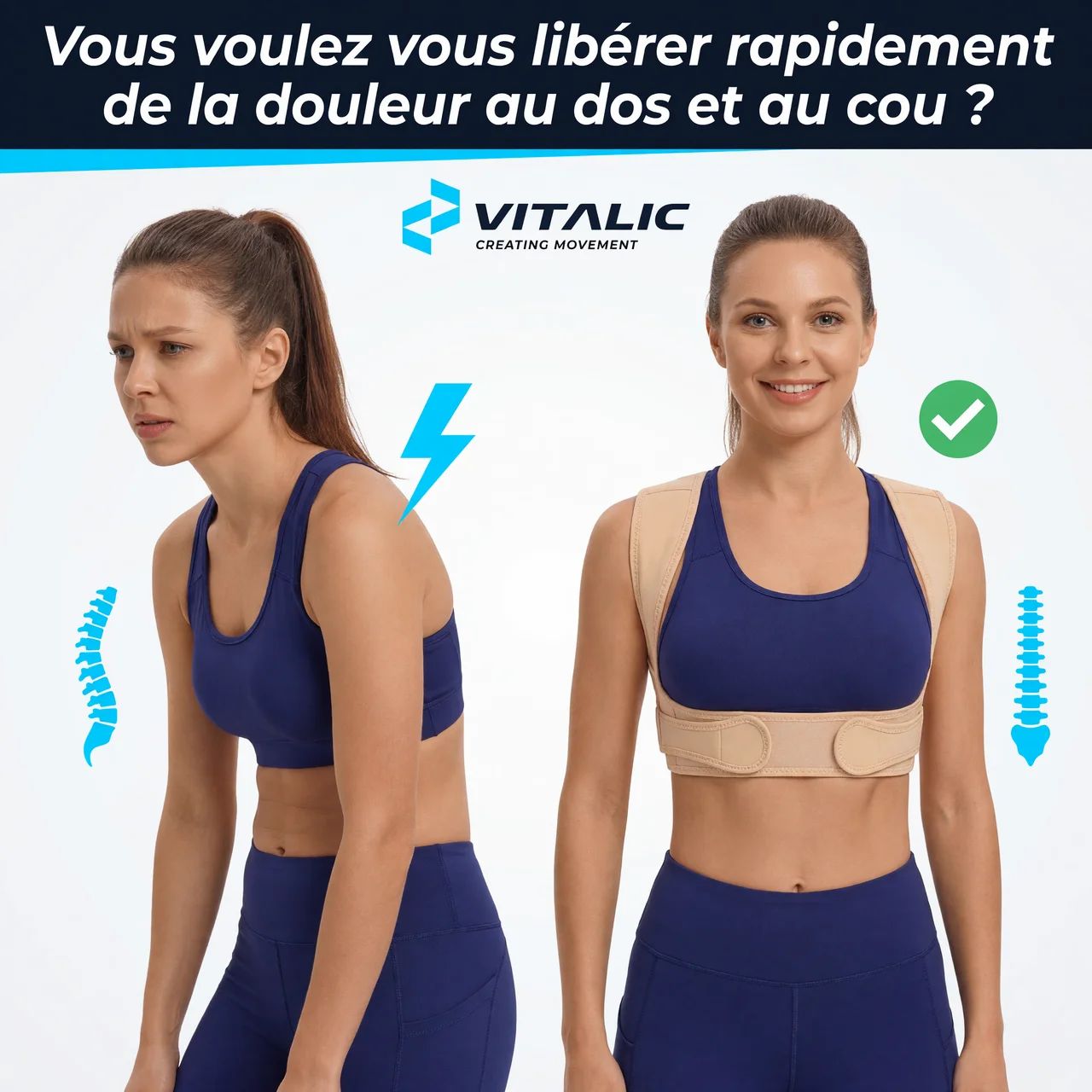Twee vrouwen, een met slechte, een met correcte houding. VITALIC logo. Tekst: VITALIC CREATING MOVEMENT.
