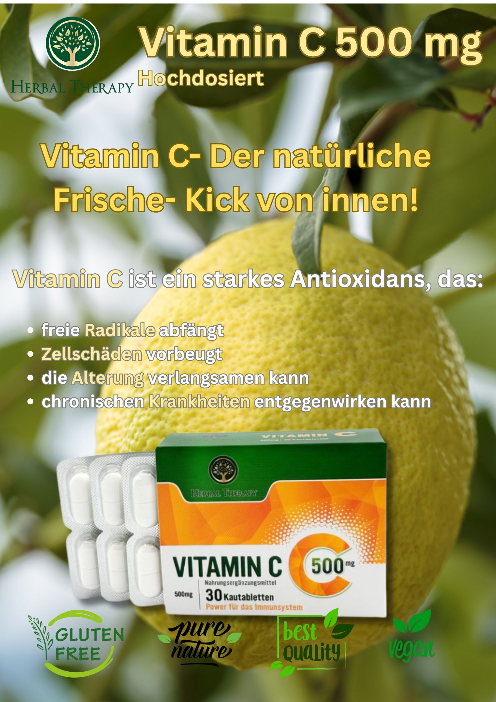 Citroen, vitamine C 500 mg doosje en blister. Glutenvrij, Pure Nature, Best Quality, Vegan.