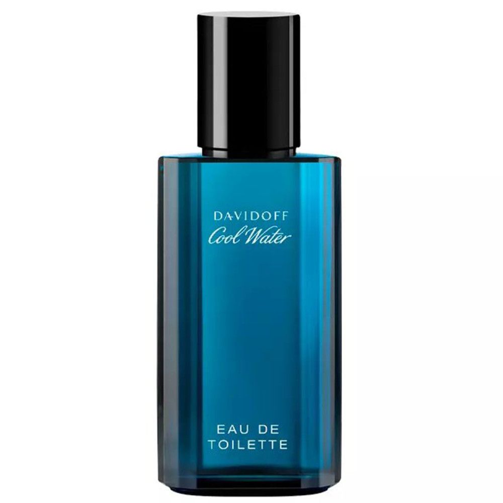 Flacon Davidoff Cool Water Eau de Toilette. Verre bleu, bouchon noir. Inscription blanche et informations sur le produit.