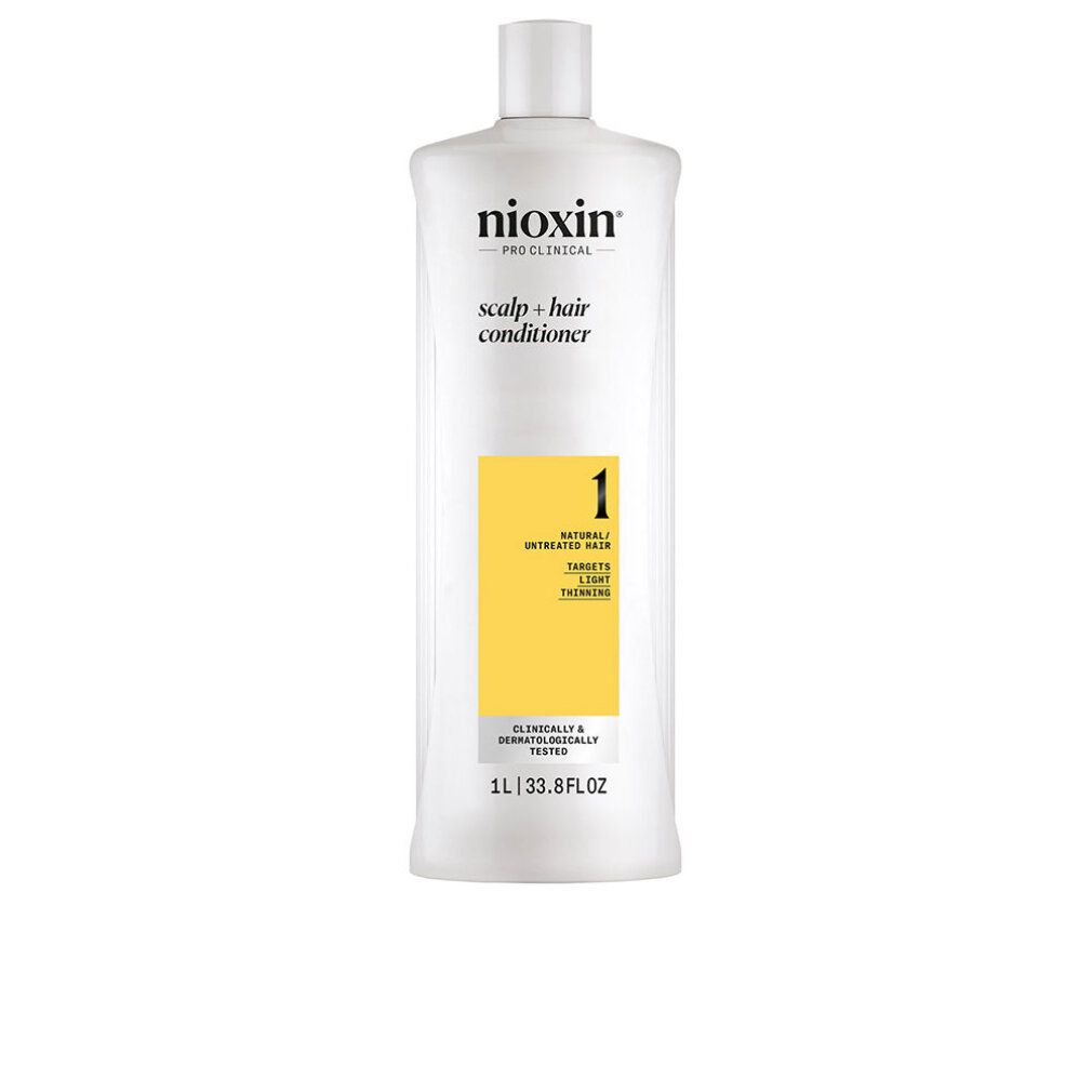 Bouteille de revitalisant Nioxin Pro Clinical Scalp + Hair, 1L. Blanc avec étiquette jaune.