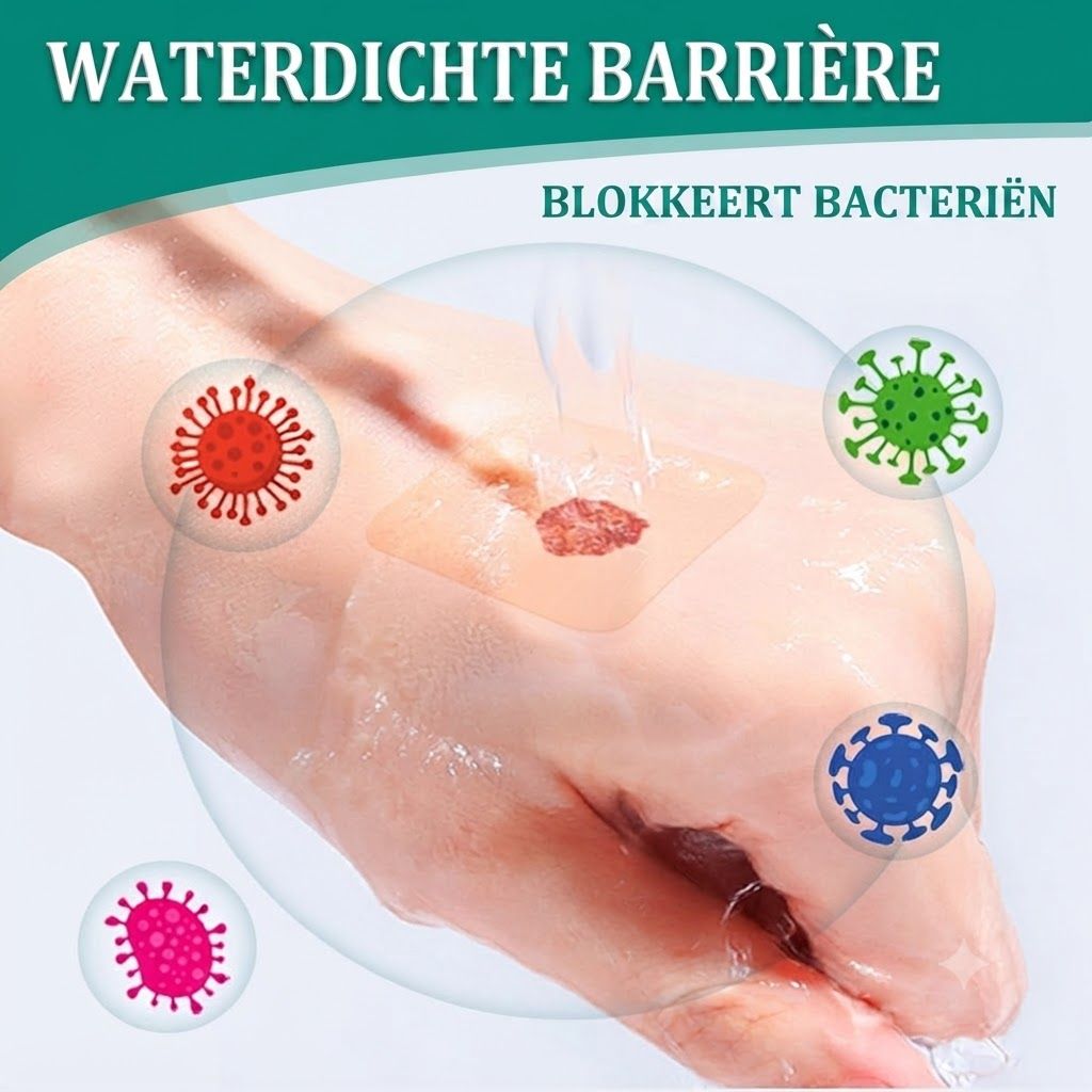 Waterdichte pleister beschermt wond tegen bacteriën. Toont vier gestileerde bacteriën.