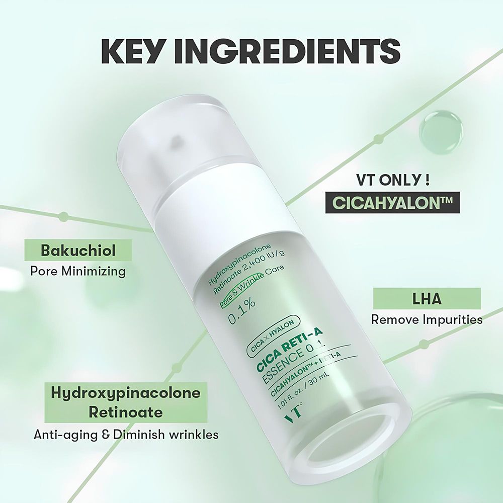 Vloeistof in een fles. Opschrift: Cica Reti-A Essence 0.1. Merk: VT. Extra tekstvelden met ingrediënten.