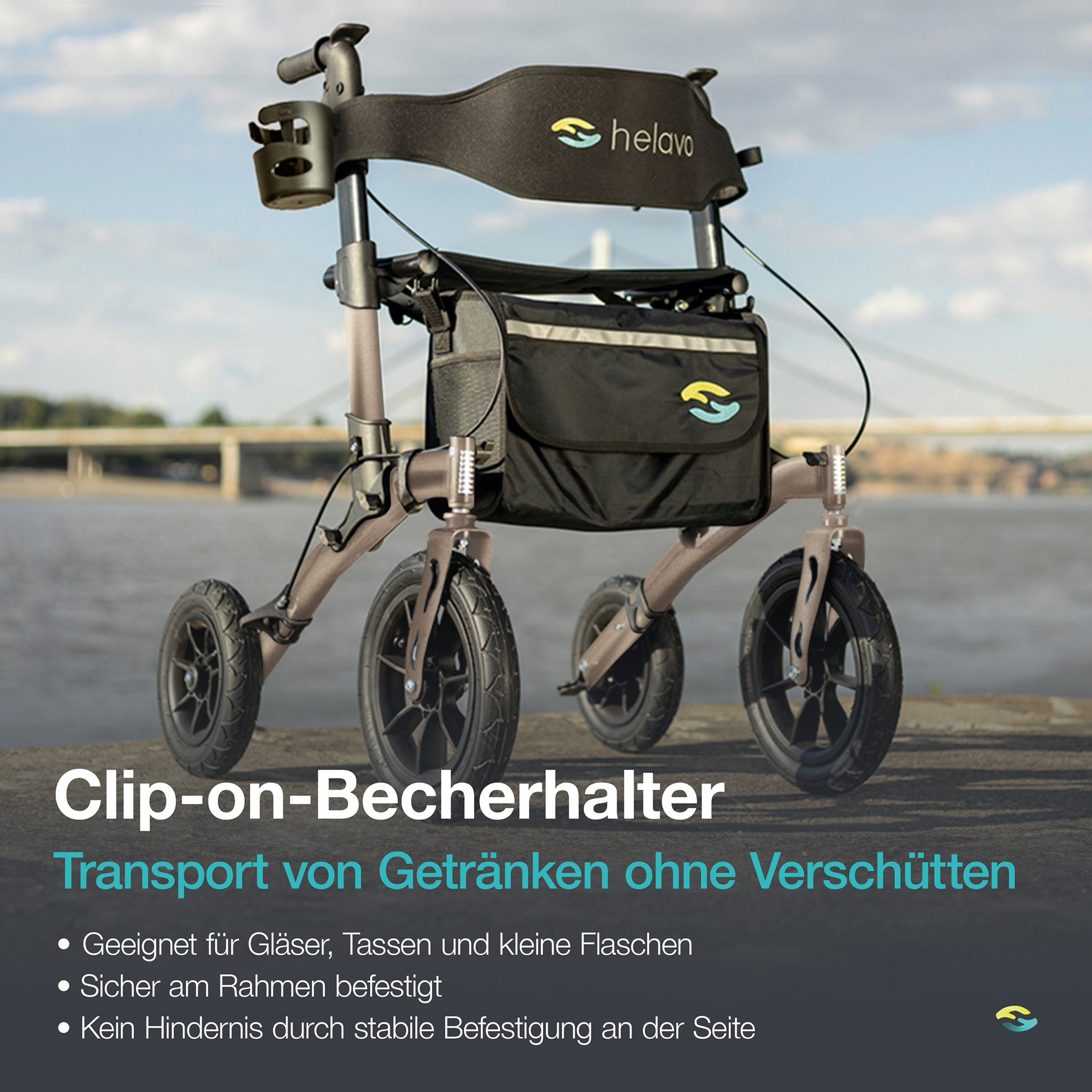 Rollator avec porte-gobelet à clipser pour verres et bouteilles, fixé solidement au cadre.