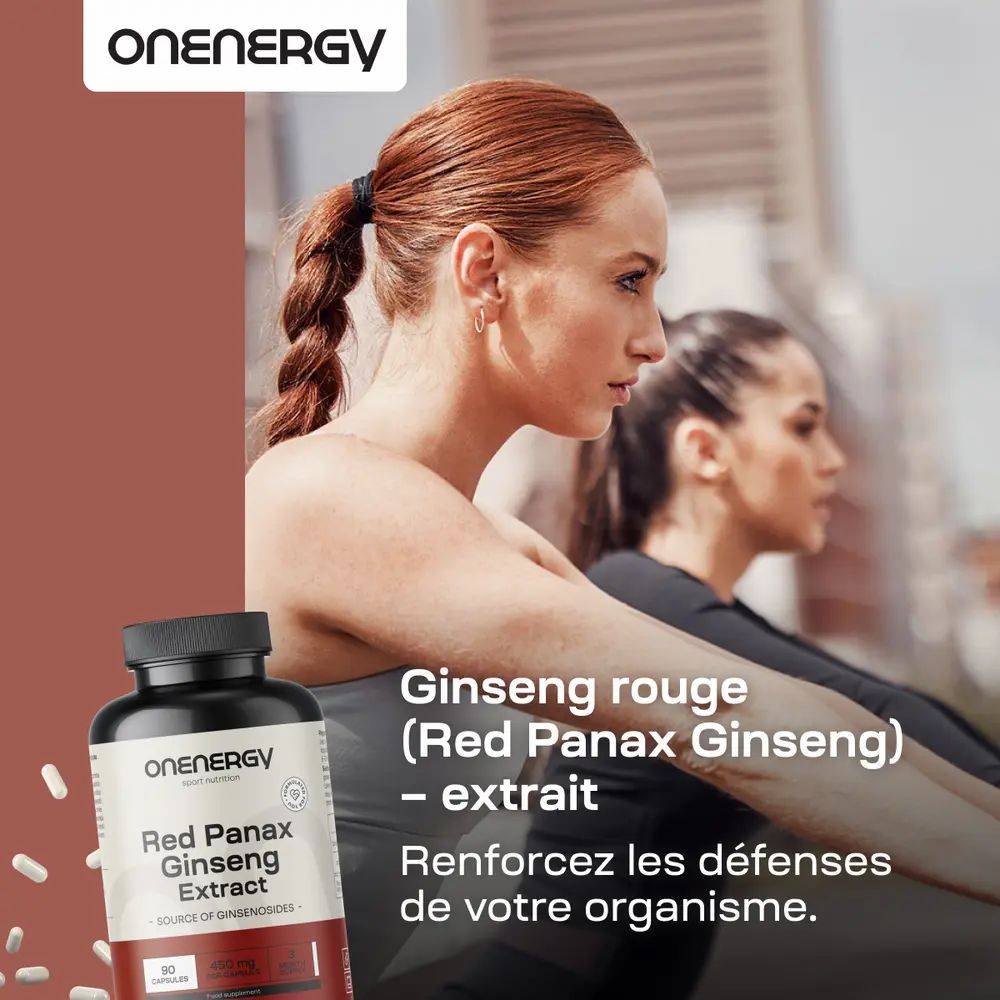 Flacon OnEnergy Ginseng rouge extrait, 90 gélules, Énergie, Vitalité.
