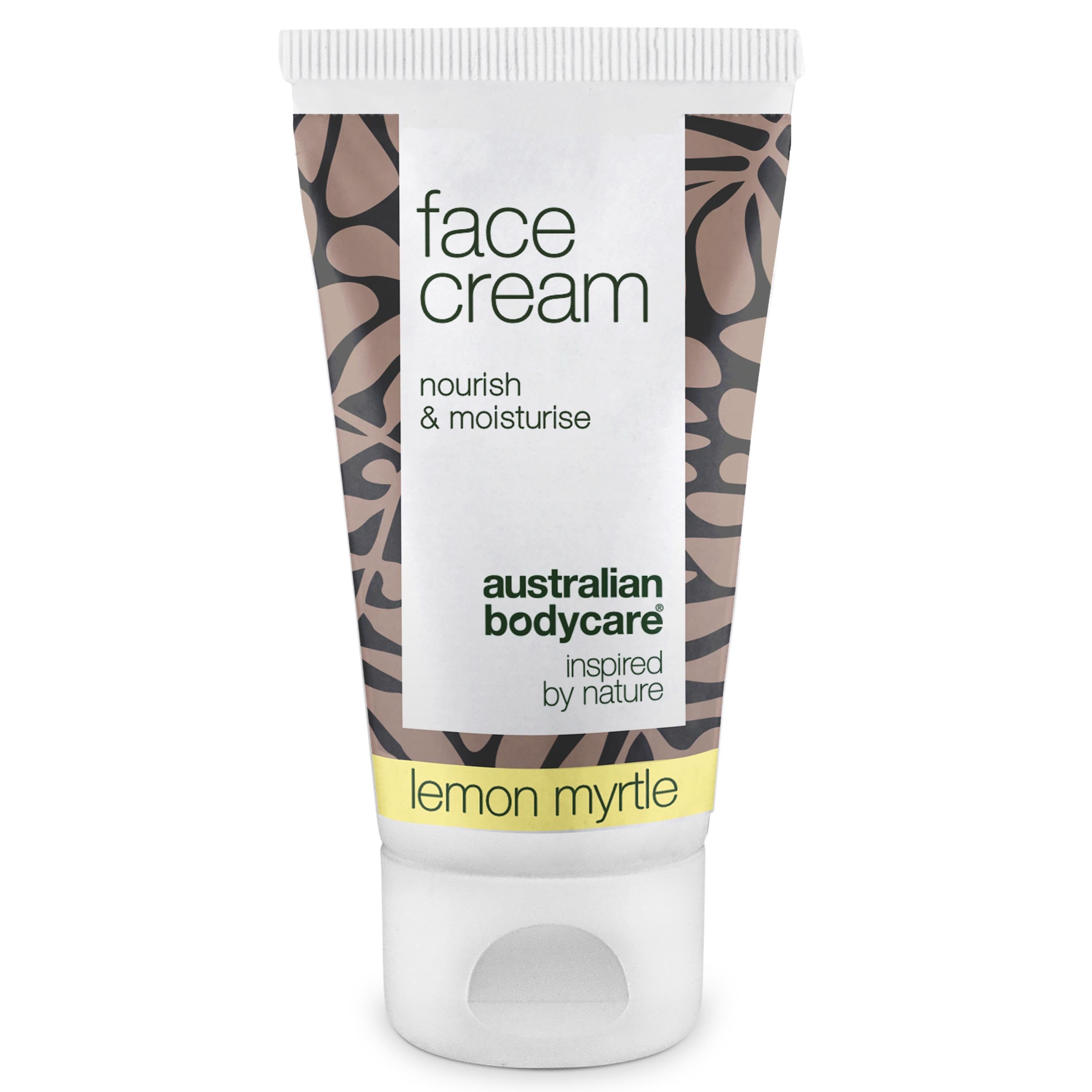 Tube de crème pour le visage. Bouchon blanc, motif marron. Texte : Face Cream, nourish & moisturise, Australian Bodycare, Lemon Myrtle.