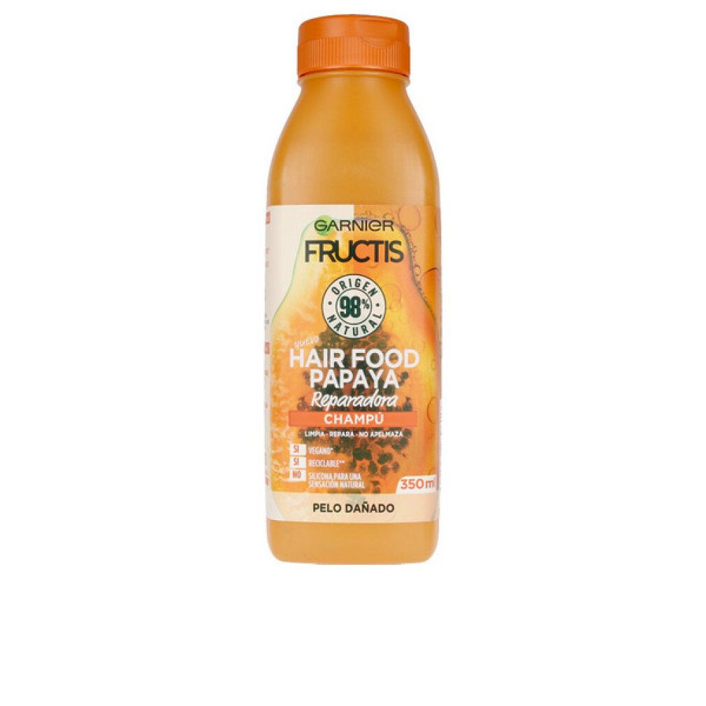 Garnier Fructis Hair Food Papaya shampoo. Oranje fles met oranje dop. Opschrift: 98% natuurlijke oorsprong.