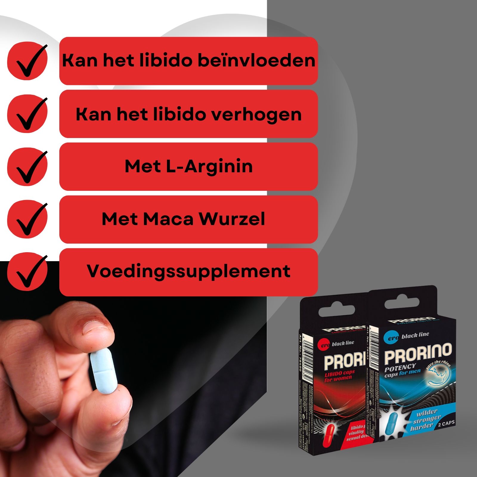Blauwe capsule in hand. Tekst: Kan de libido beïnvloeden, L-Arginine, Maca Wurzel.