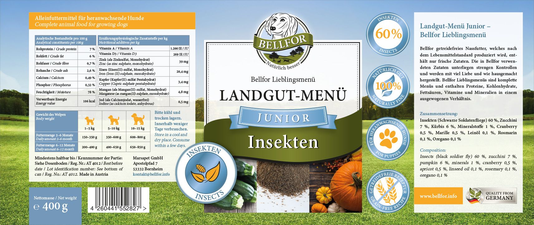 Verpakking van Bellfor Landgut-Menü Junior. Bevat informatie over ingrediënten, voedingswaarde en logo's.