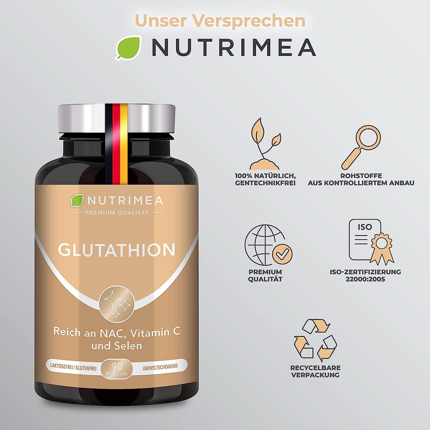 Bruine fles met capsules. Opschrift: GLUTATHION, Rijk aan NAC, vitamine C en selenium. 90 capsules. Merk: Nutrimea. Certificeringen.