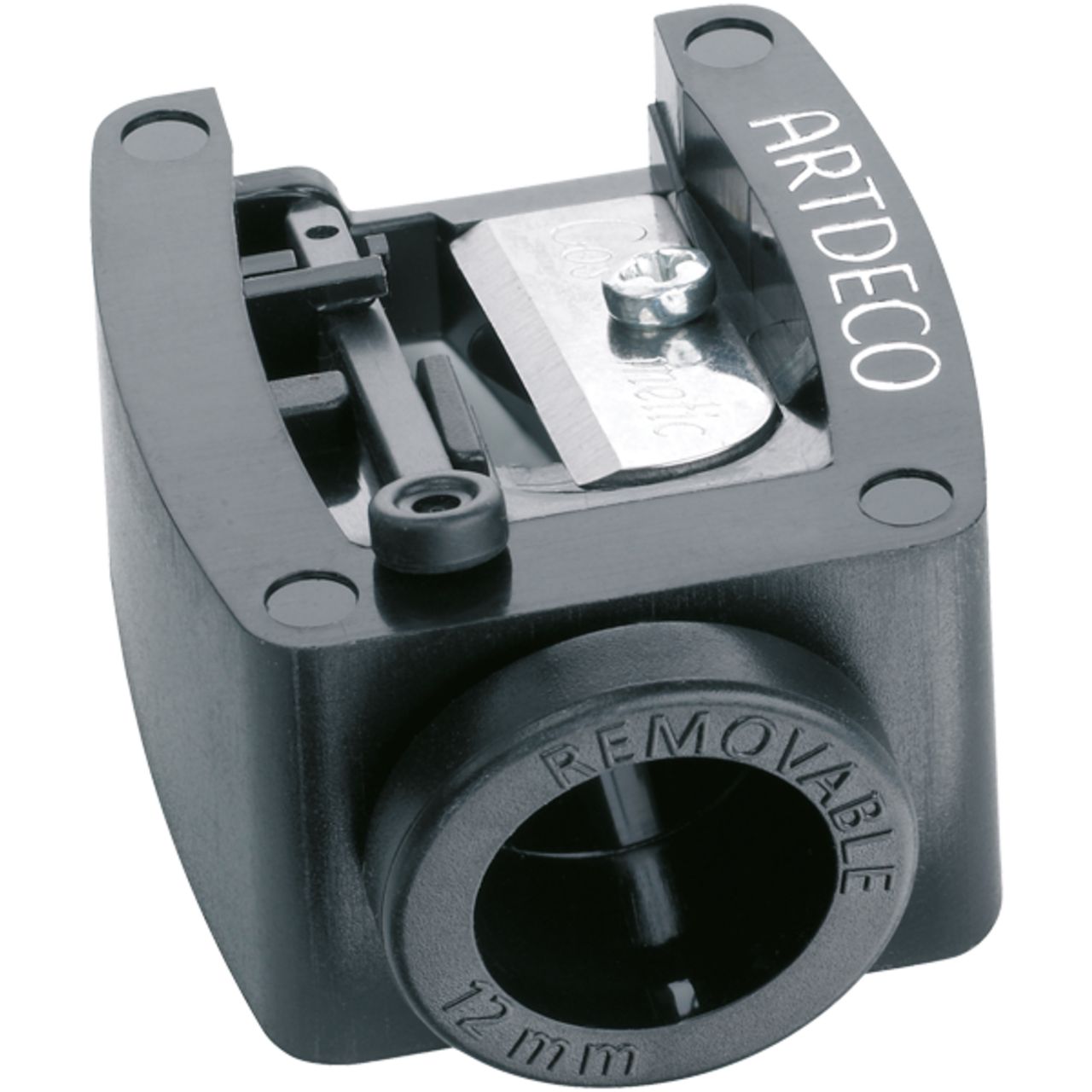 Taille-crayon noir avec logo Artdeco. Avec ouverture pour crayons. Inscription: REMOVABLE et 12 mm.