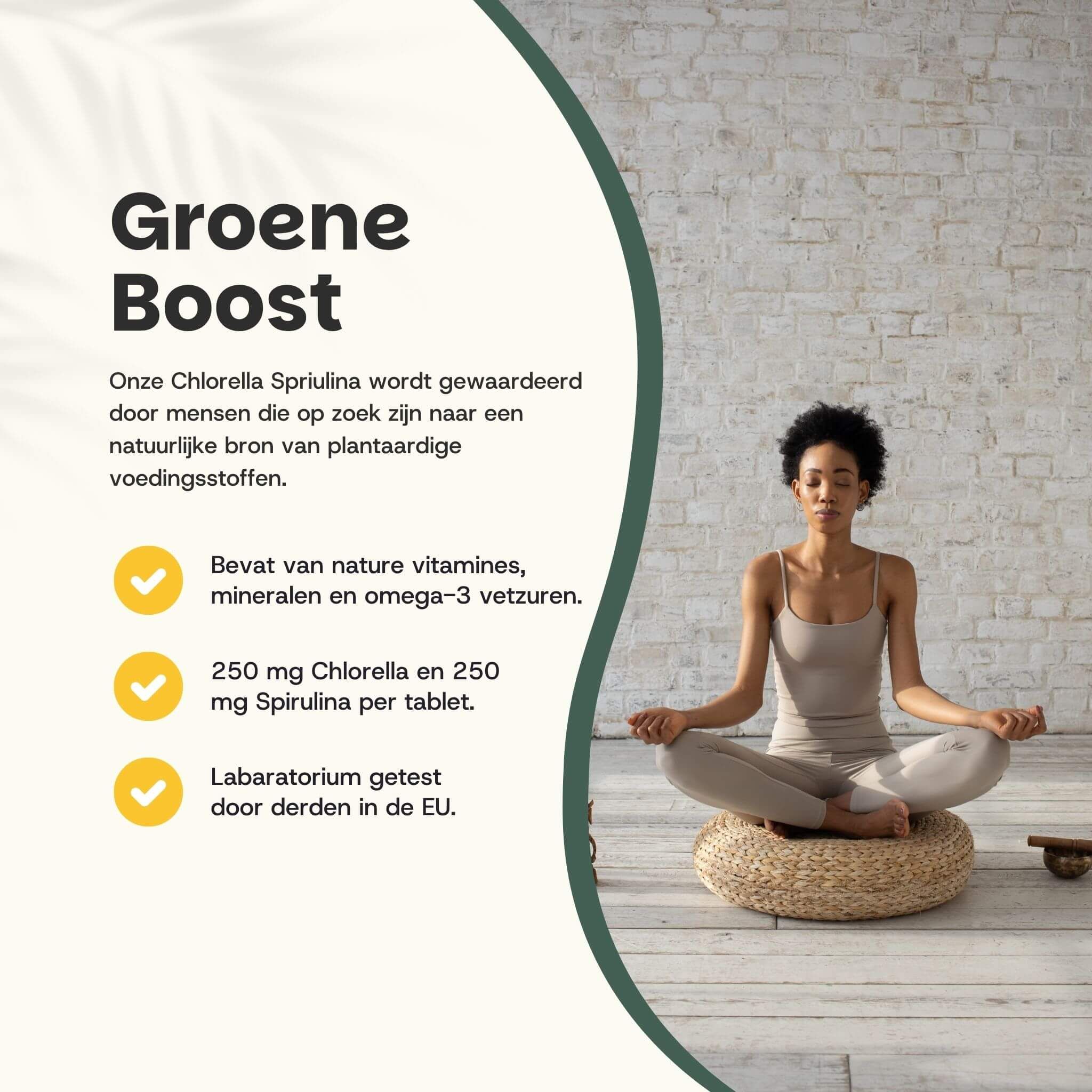 Vrouw zit in kleermakerszit. Tekst: Grüner Schub. Bevat vitaminen, mineralen en omega-3 vetzuren.