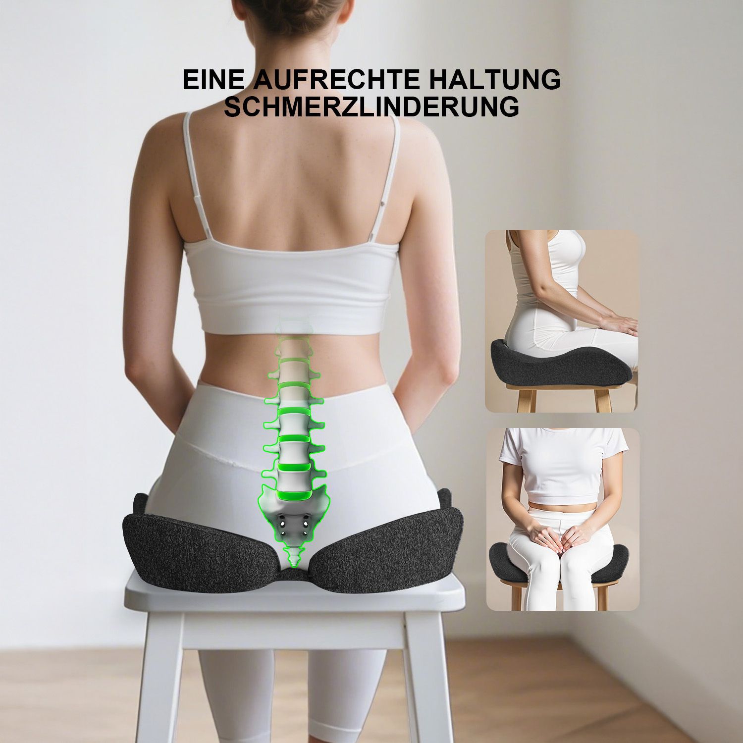 Femme assise sur un coussin ergonomique pour favoriser une posture droite.
