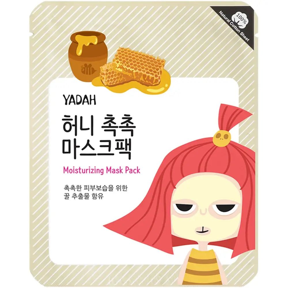 Masque facial YADAH. Emballage avec illustration de miel et texte coréen. Inscription : Moisturizing Mask Pack. Feuille de coton.