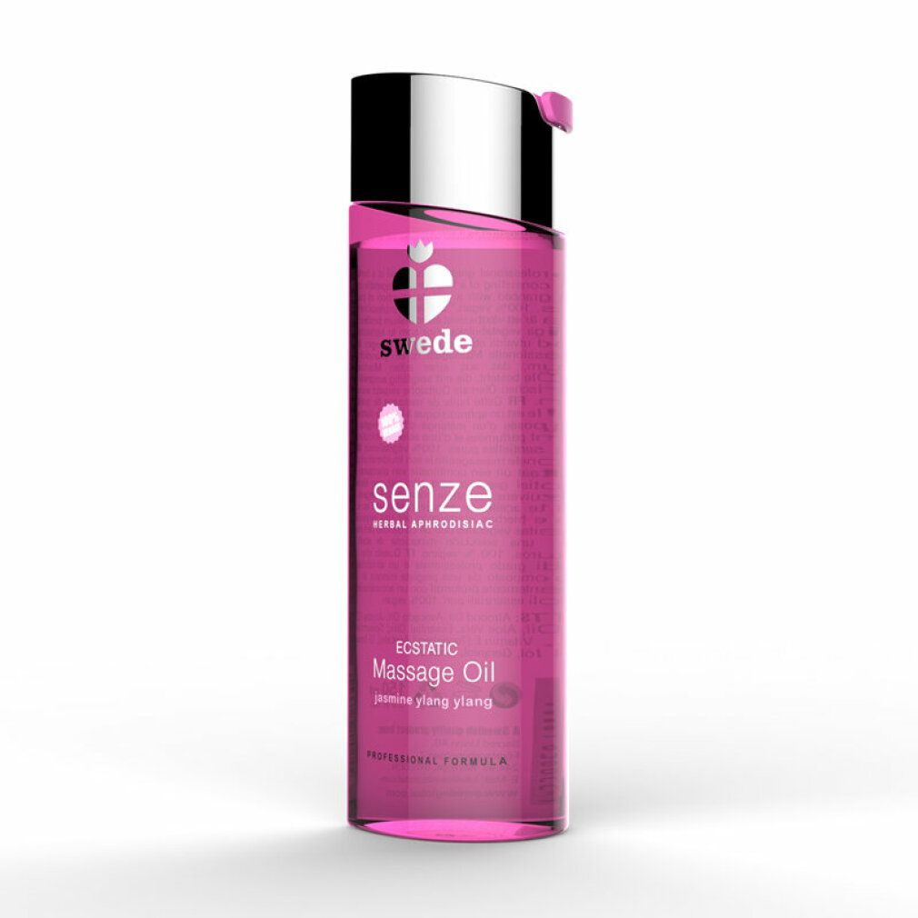 Swede Senze massageolie: Roze fles met zilveren dop. Vermeldt 'Ecstatic Massage Oil' en 'Jasmine Ylang Ylang'.