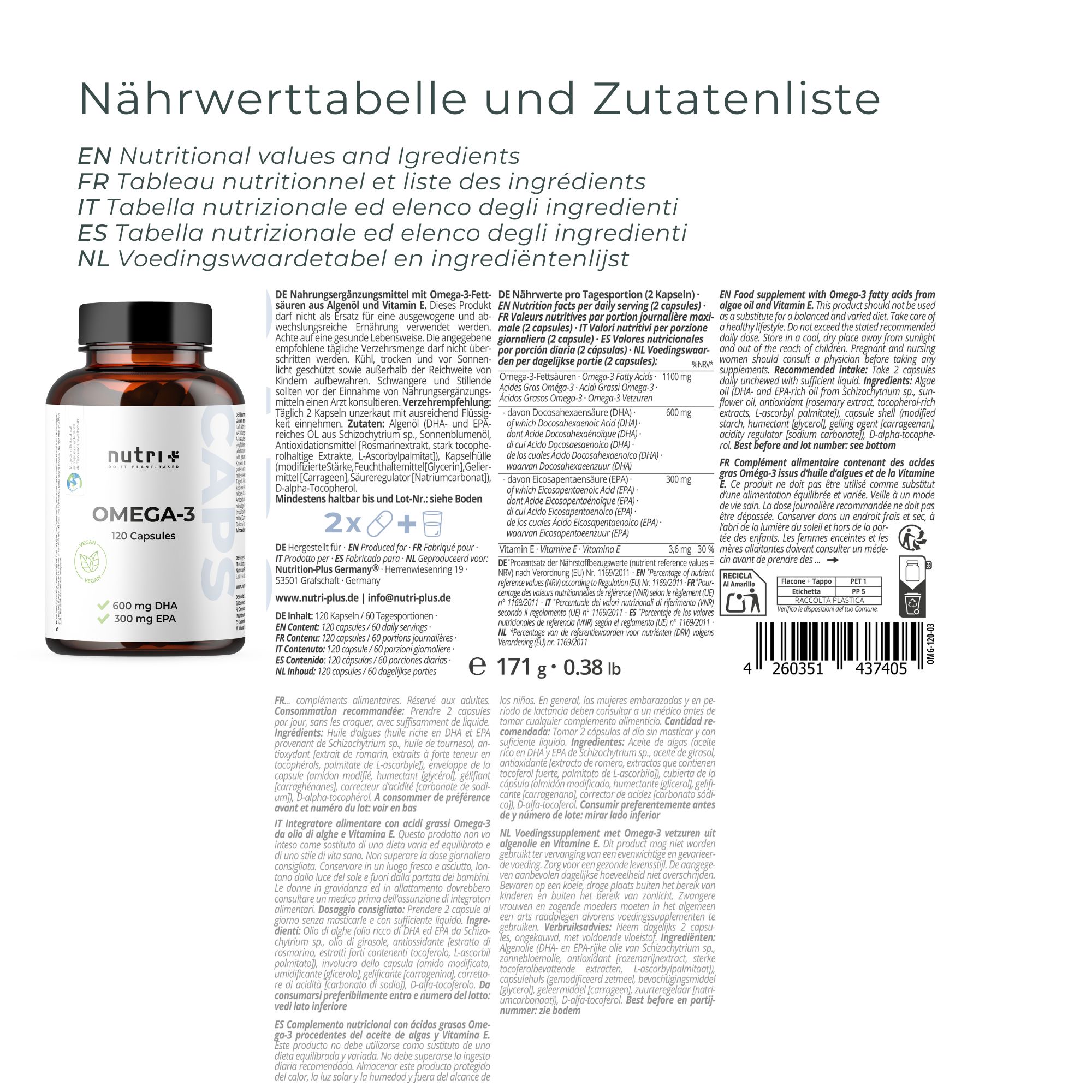 Tableau nutritionnel et liste des ingrédients. Flacon du produit avec logo "nutri+". Texte en anglais, français, italien, espagnol et néerlandais.