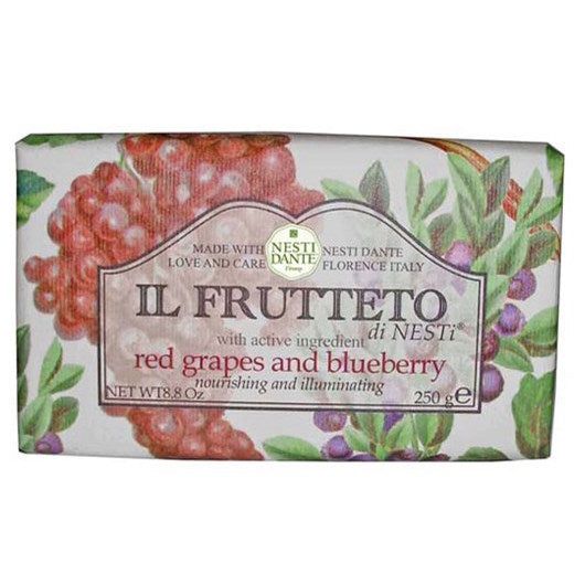 Savon Il Frutteto, raisins rouges et myrtilles. Emballage avec illustration de raisins et de myrtilles.