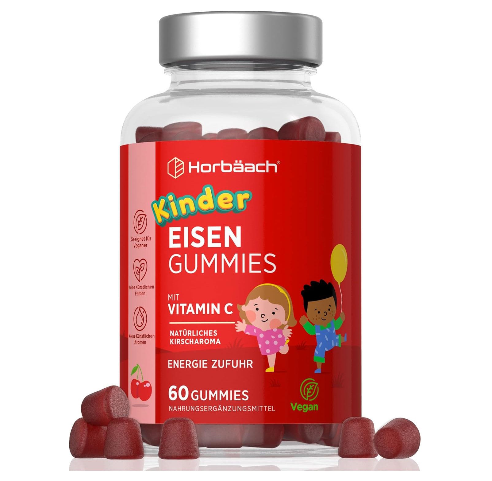 Flacon transparent avec gommes rouges. Étiquette rouge avec "Kinder Eisen Gummies" et illustrations. 60 gommes.
