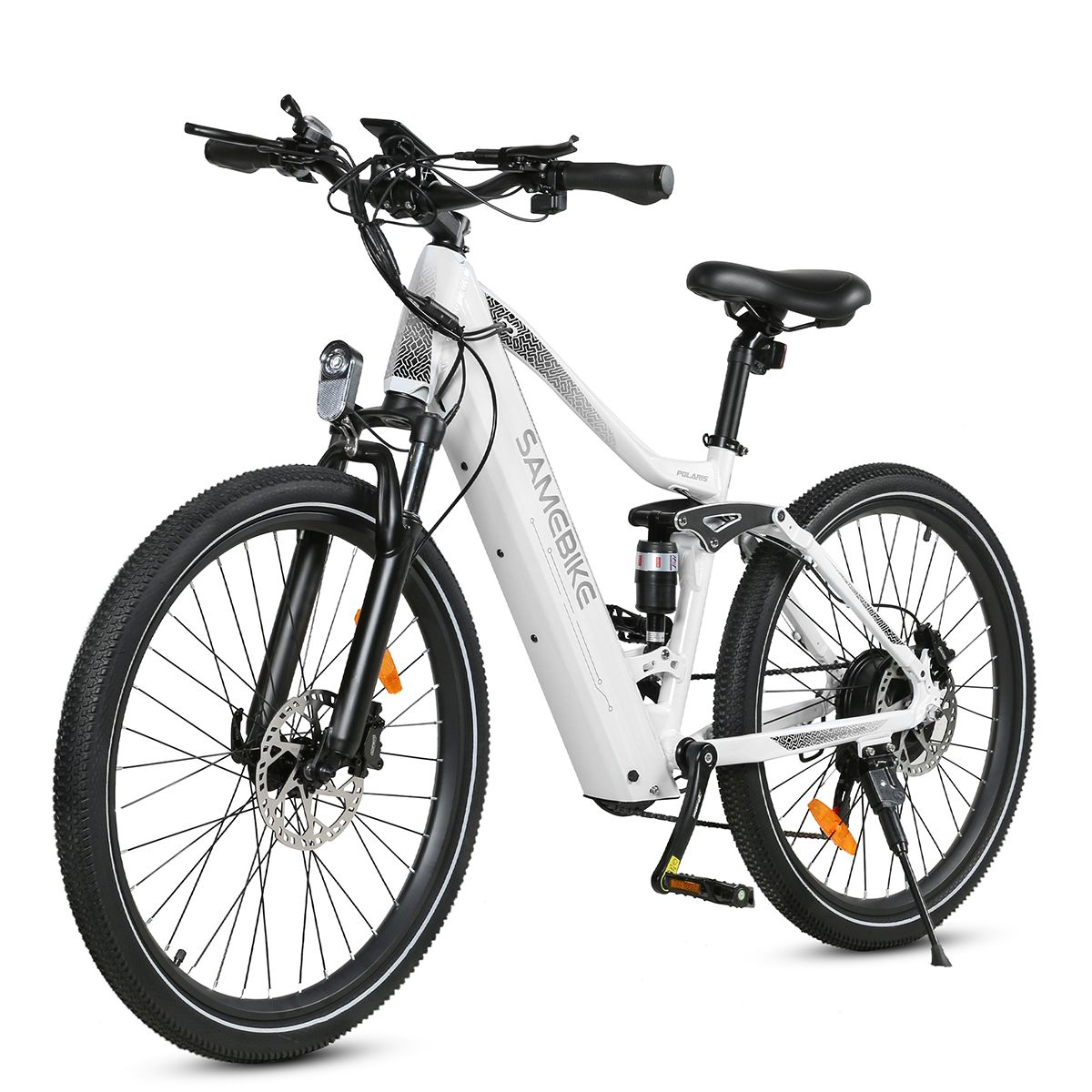 Witte elektrische fiets Samebike XD26-II. Zwarte banden, zadel en stuur. Vering en schijfremmen.