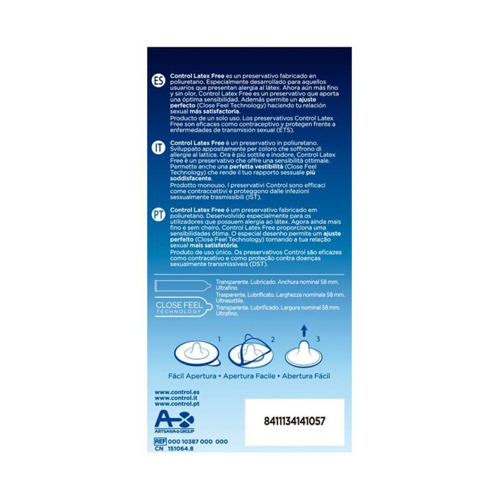 Boîte de préservatifs Control Latex Free, 5 unités. Design bleu avec symbole circulaire.