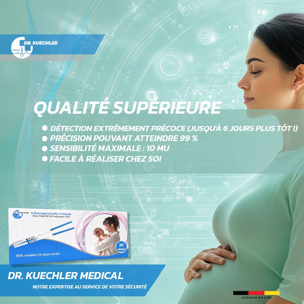 Femme enceinte de profil. Boîte de tests de grossesse. "Qualité supérieure", "Détection précoce".