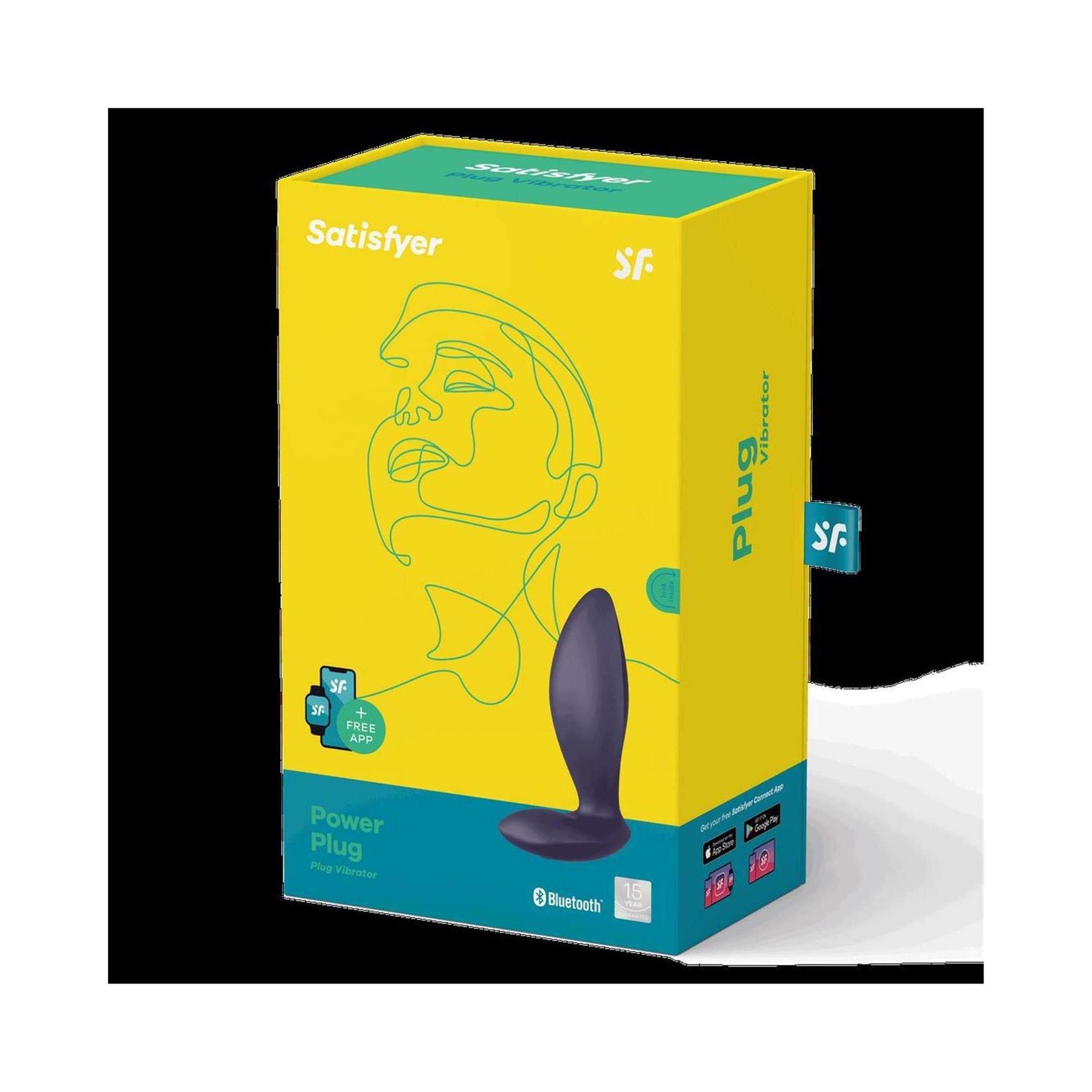 Emballage du vibrateur anal Satisfyer Power Plug. Boîte jaune avec visage graphique et illustration du produit.